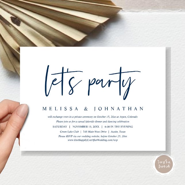 Invitación Vamos a la fiesta, cena de boda informal (Let's Party, Post Wedding Elopement Dinner and Party Celebration Invitation Card, in Navy Blue)