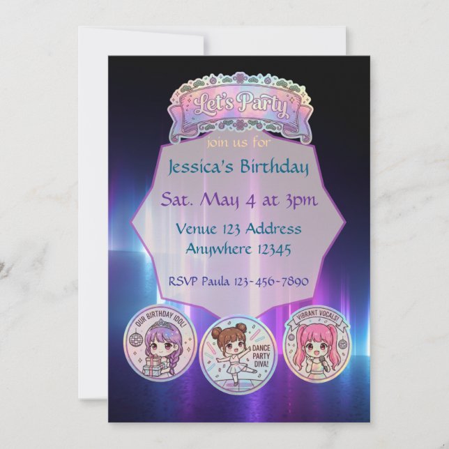 Invitación Vamos a la Fiesta Cumpleaños Estética Neon KPOP (Anverso)