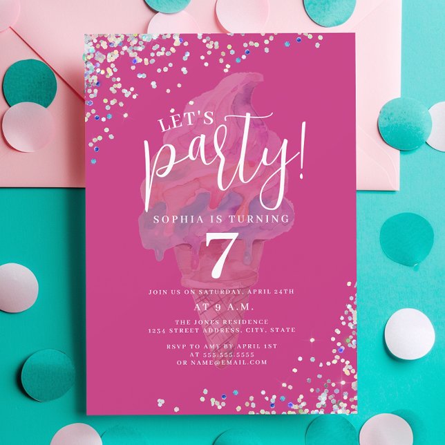 Invitación Vamos a la Fiesta Cumpleaños Helado Rosa Caliente  (Subido por el creador)