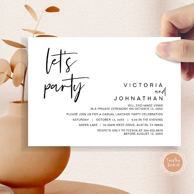 Invitación Vamos a la Fiesta, Fiesta de Fuga de la Boda (Let's Party, Wedding Elopement Dinner Invitation Card, Modern Minimalist Script, in Black and White)