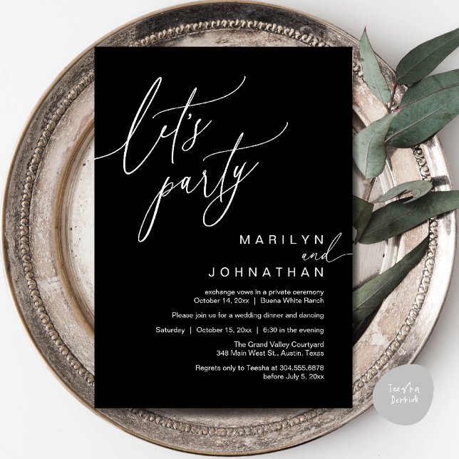 Invitación Vamos a la Fiesta, Recepción de Boda Romántica Mod (Let's Party, Modern Romantic Wedding Reception Dinner Invitation Card in Classy Black)