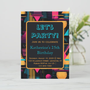 Invitación Vamos a la Fiesta Retro 80's 90's Memphis Geométri