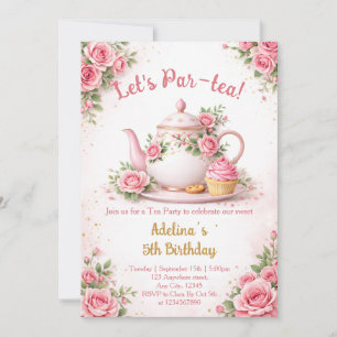 Invitación Vamos a Par-tea Tetera Floral Rosa Cumpleaños de N