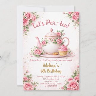 Invitación Vamos a Par-tea Tetera Floral Rosa Cumpleaños de N