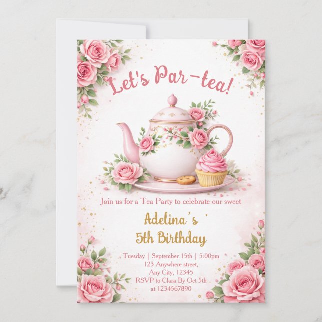 Invitación Vamos a Par-tea Tetera Floral Rosa Cumpleaños de N (Anverso)