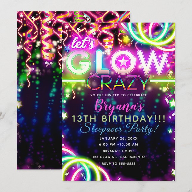 Invitación Vamos a parpadear la loca fiesta de cumpleaños neó (Anverso / Reverso)