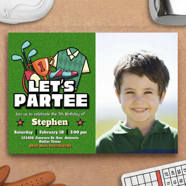Invitación Vamos a Partee - Cumpleaños de Golf con Paisaje Fo (Lets Partee - Golf Birthday with Photo Landscape Invitation)