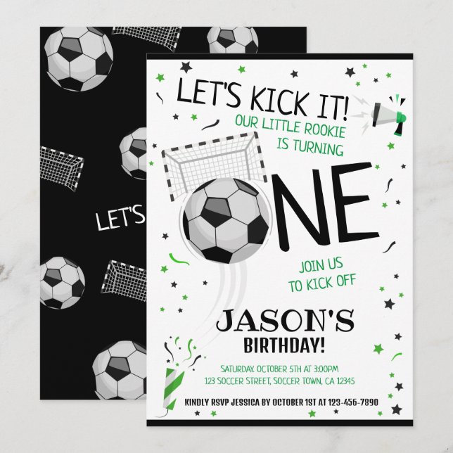Invitación Vamos a patear el fútbol de novato negro primer cu (Anverso / Reverso)