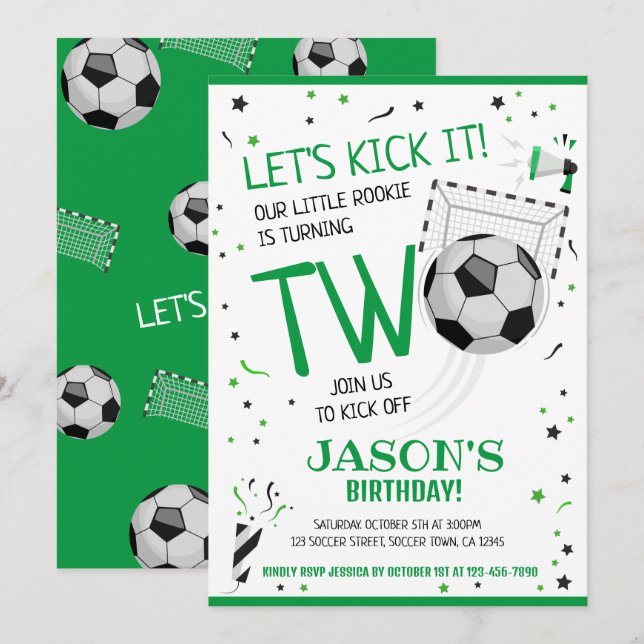 Invitación Vamos a patear el fútbol de novato verde segundo c (Anverso / Reverso)