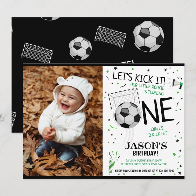 Invitación Vamos a patear la foto del fútbol negro el primer  (Anverso / Reverso)