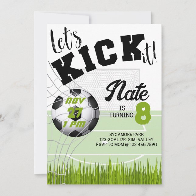 Invitación Vamos a patearlo, Fiesta de fútbol, cumpleaños de  (Anverso)