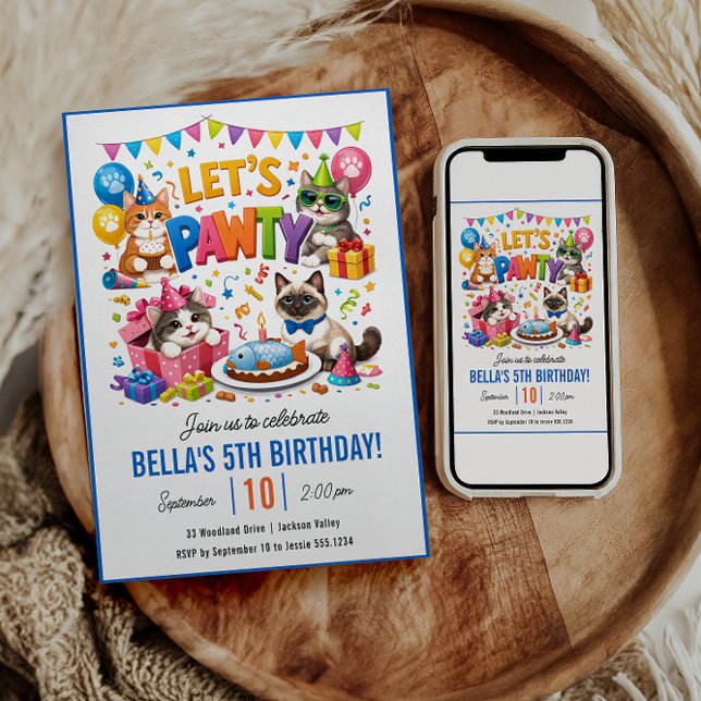 Invitación Vamos a Pawty Cumpleaños 5 de Gato | Cumpleaños de (Let’s Pawty Cat 5th Birthday | Cute Kitty Birthday Invitation
)