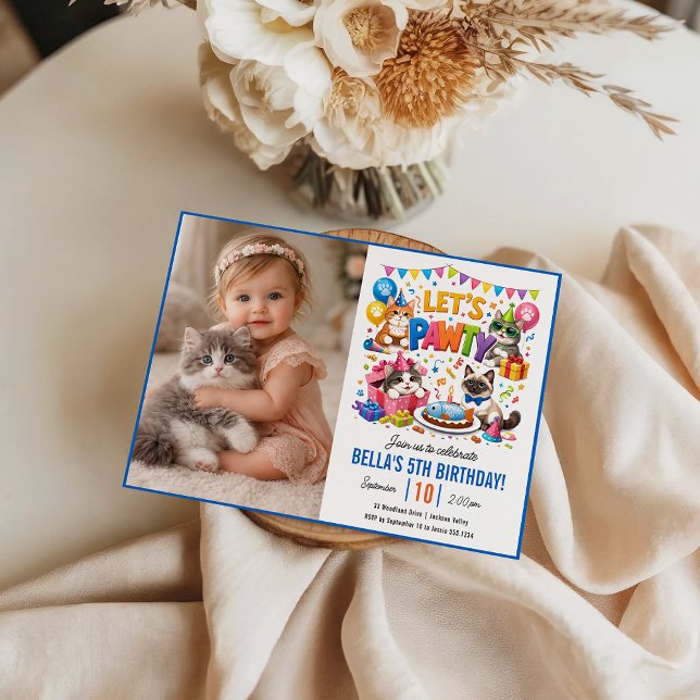 Invitación Vamos a Pawty Cumpleaños 5 de Gato | Cumpleaños de (Let’s Pawty Cat 5th Birthday | Cute Kitty Birthday Invitation
)