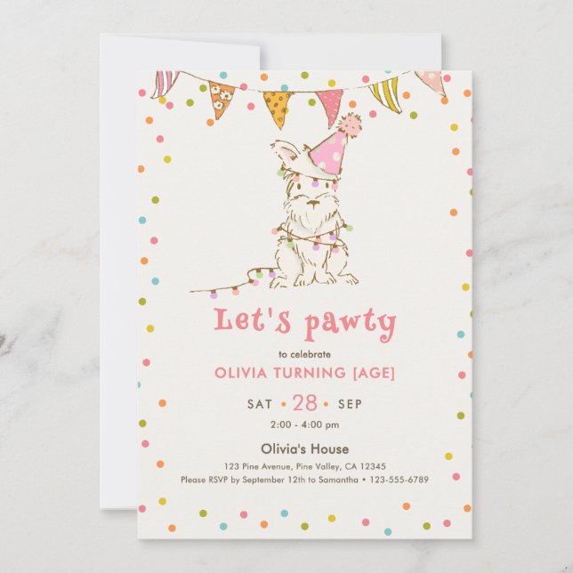Invitación Vamos a Pawty Cumpleaños de niña editable con tema (Anverso)