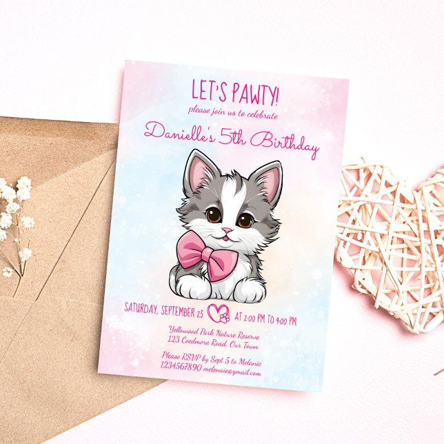 Invitación Vamos a petulante lindo gatito de cumpleaños (Let's pawty pink cute kitten cat themed birthday party invitation editable template digital download)