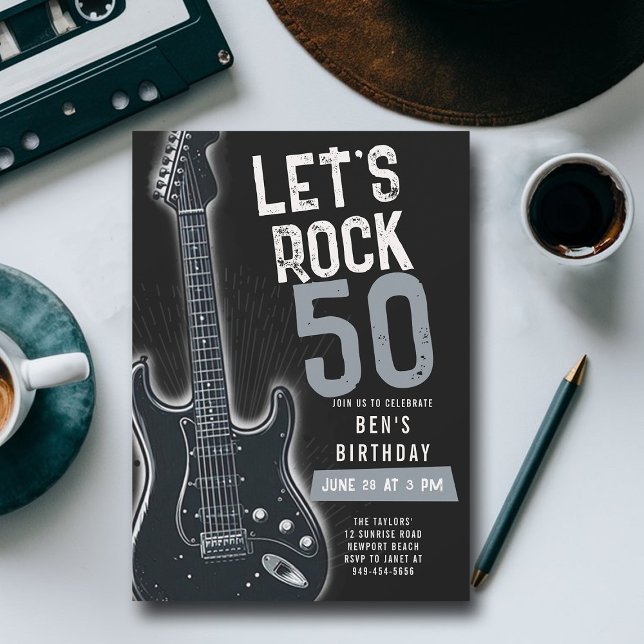 Invitación Vamos a Rock Electric Guitar Adulto Black Birthday (music fest rock adult birthday party invitation men modern classy fun black white electric guitar)