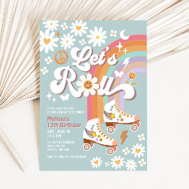 Invitación Vamos a Rodar Cumpleaños Patines Retro Groovy Azul