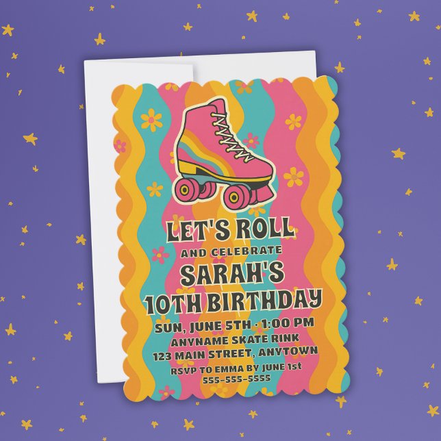 Invitación Vamos a Rodar Fiesta de Cumpleaños Retro de Chica  (Let's Roll Retro Roller Skate Girl Birthday Party Invitation
)