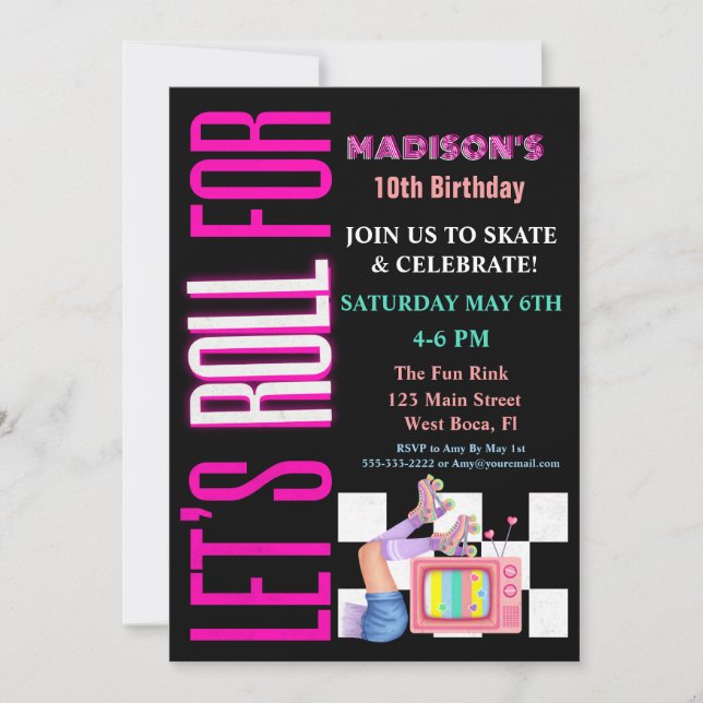 Invitación Vamos a Rodar, Fiesta de Patinaje sobre Ruedas Glo (Anverso)