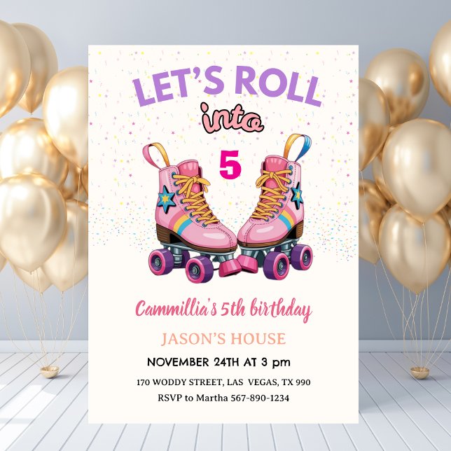 Invitación ¡Vamos a Rodar hacia los 5 Cumpleaños de Patines R (Let's Roll into 5 Retro Roller Skate Birthday Invitation
)