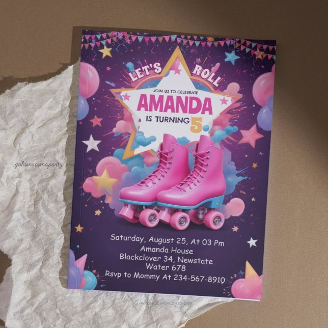 Invitación ¡Vamos a Roll! - Fiesta de cumpleaños para patinaj (Let’s Roll! - Roller Skate Birthday Party Invitation)