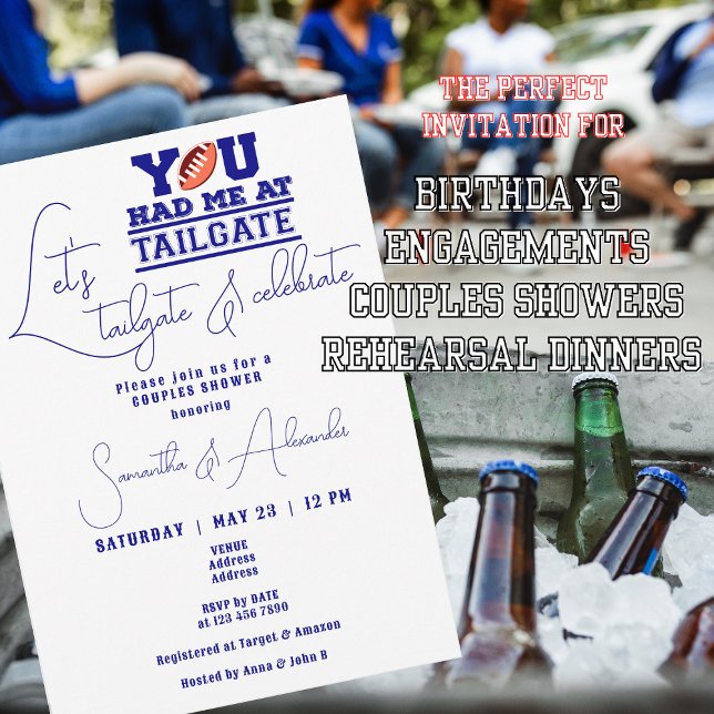 Invitación Vamos a sastre a celebrar la ducha de la pareja az (Let's Tailgate Celebrate Navy Blue invite for Bridal or Couple Showers, birthdays, rehearsal dinners)