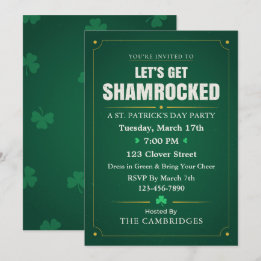Invitación Vamos a Shamrockear Patrón Vintage Verde y Dorado
