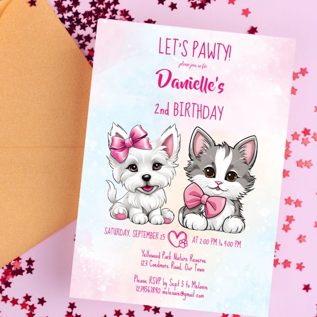 Invitación Vamos a un adorable cachorro rosado lindo y cumple (Let's pawty pink cute puppy and kitty birthday party invitation template digital download cats dogs)