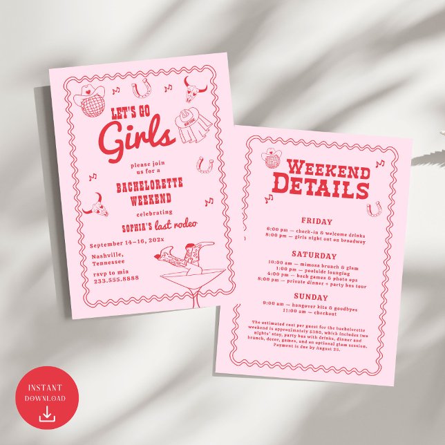 Invitación Vamos Chicas Bachelorette Rosa y Roja (Subido por el creador)