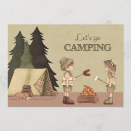 Invitación Vamos de camping - campistas, fogata, tienda de ca