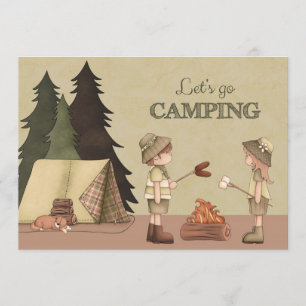Invitación Vamos de camping - campistas, fogata, tienda de ca