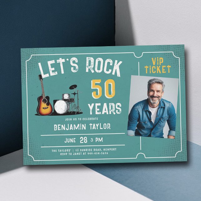 Invitación Vamos Festival de Música de Rock Fest Verde azulad (music fest rock ticket 50th birthday party invitation men fun blue teal orange)