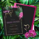 Invitación Vamos Fiesta Black Gold Neon Tropical 40 cumpleaño<br><div class="desc">Celebra tu cumpleaños con estilo con esta audaz invitación tropical de neón con acentos purpurinas de oro,  orquídeas rosas brillantes y vegetación tropical sobre un fondo negro. Vamos,  fiesta.</div>