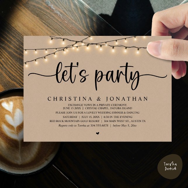 Invitación Vamos fiesta, Boda Rústico, Elopement (Let's party, Rustic Wedding Dinner Elopement Invitation Card, PDF, String Lights Brown Kraft)