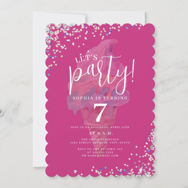 Invitación Vamos Fiesta Crema de Hielo Arcoiris Rosa (Anverso)