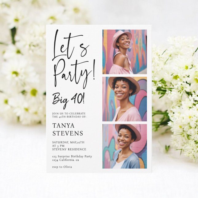 Invitación Vamos fiesta foto sorpresa negra de cuarenta años (Let's party photo black surprise forty birthday invitation)