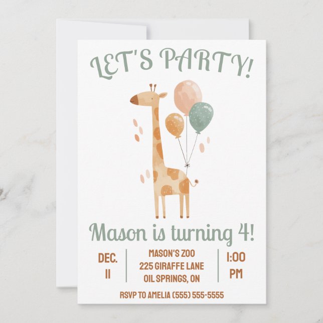 Invitación ¡Vamos Fiesta! Giraffe con la fiesta de cumpleaños (Anverso)