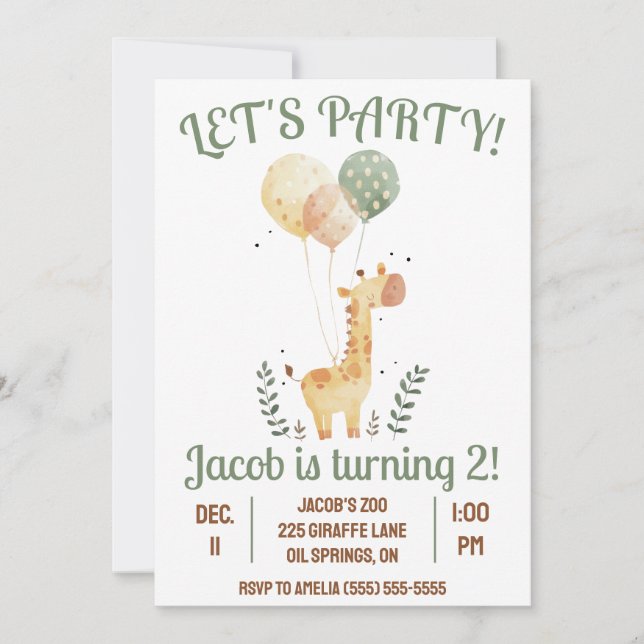 Invitación ¡Vamos Fiesta! Giraffe con la fiesta de cumpleaños (Anverso)