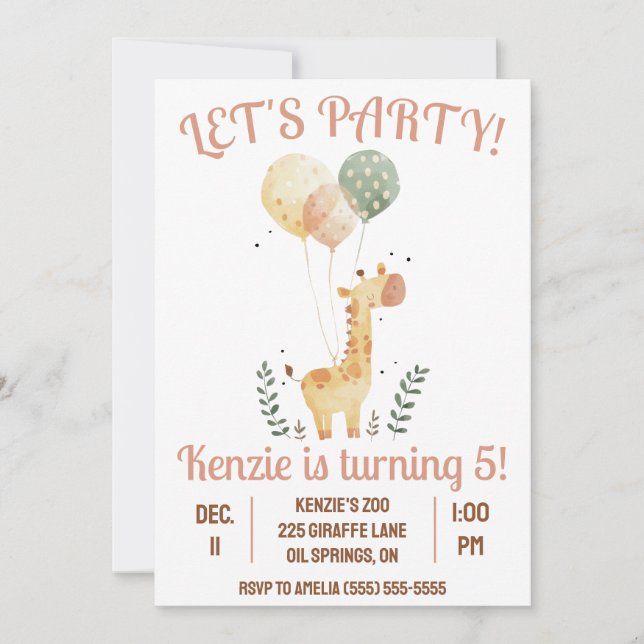 Invitación ¡Vamos Fiesta! Giraffe con la fiesta de cumpleaños (Anverso)