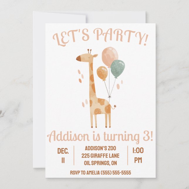 Invitación ¡Vamos Fiesta! Giraffe con la fiesta de cumpleaños (Anverso)
