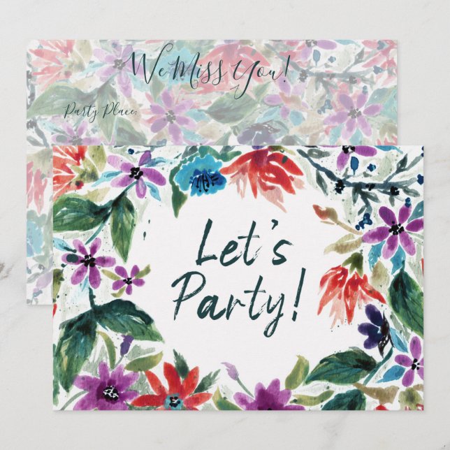 Invitación ¡Vamos Fiesta! | Hermosa Floral de acuarela floja (Anverso / Reverso)