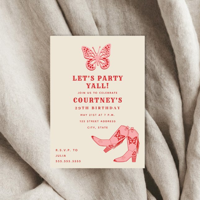 Invitación Vamos Fiesta mariposa rosada chica Boots Cumpleaño (Subido por el creador)