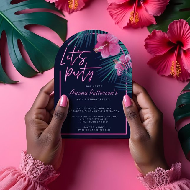 Invitación Vamos Fiesta Neon Electric Pink Tropical Birthday (Let's Party Electric Neon Pink Tropical Birthday Invitation)
