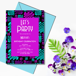 Invitación Vamos Fiesta Neon Purple Blue Geometric Birthday
