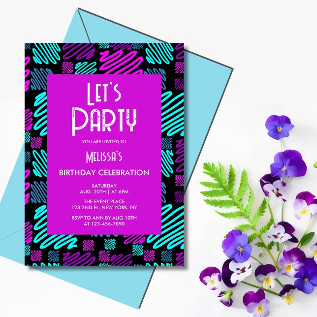 Invitación Vamos Fiesta Neon Purple Blue Geometric Birthday (Subido por el creador)