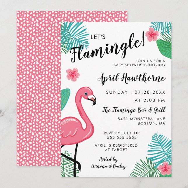Invitación ¡Vamos Flamingle! Baby Shower tropical rosa blanco (Anverso / Reverso)