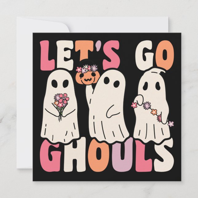 Invitación Vamos Ghouls Groovy Fantasma con flores de época (Anverso)