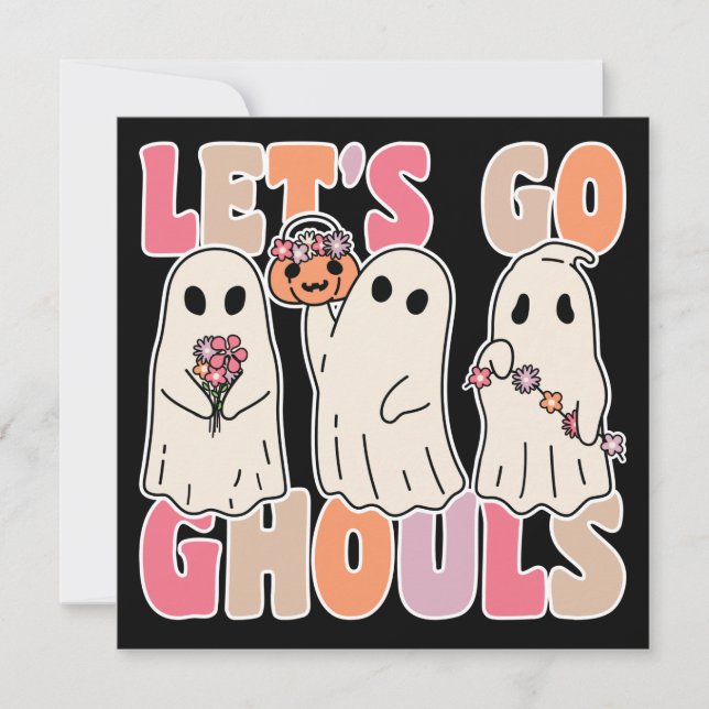 Invitación Vamos Ghouls Groovy Fantasma con flores de época (Anverso)