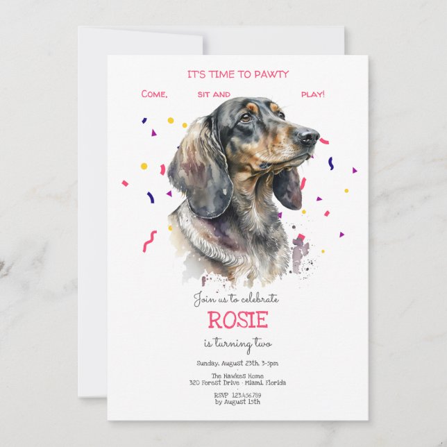 Invitación Vamos pavoneante, fiesta de cumpleaños de perro (Anverso)