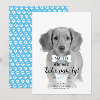 Invitación ¡Vamos Pawty! Foto de cumpleaños azul de perro mas